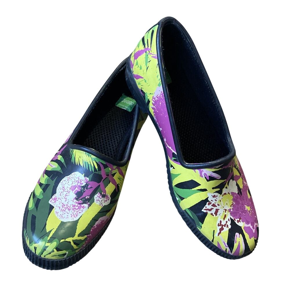 Cougar Rubber Rain Shoes Women Sz 7 Black Green Pink Floral